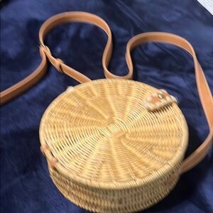 Round Woven Tan Crossbody Bag